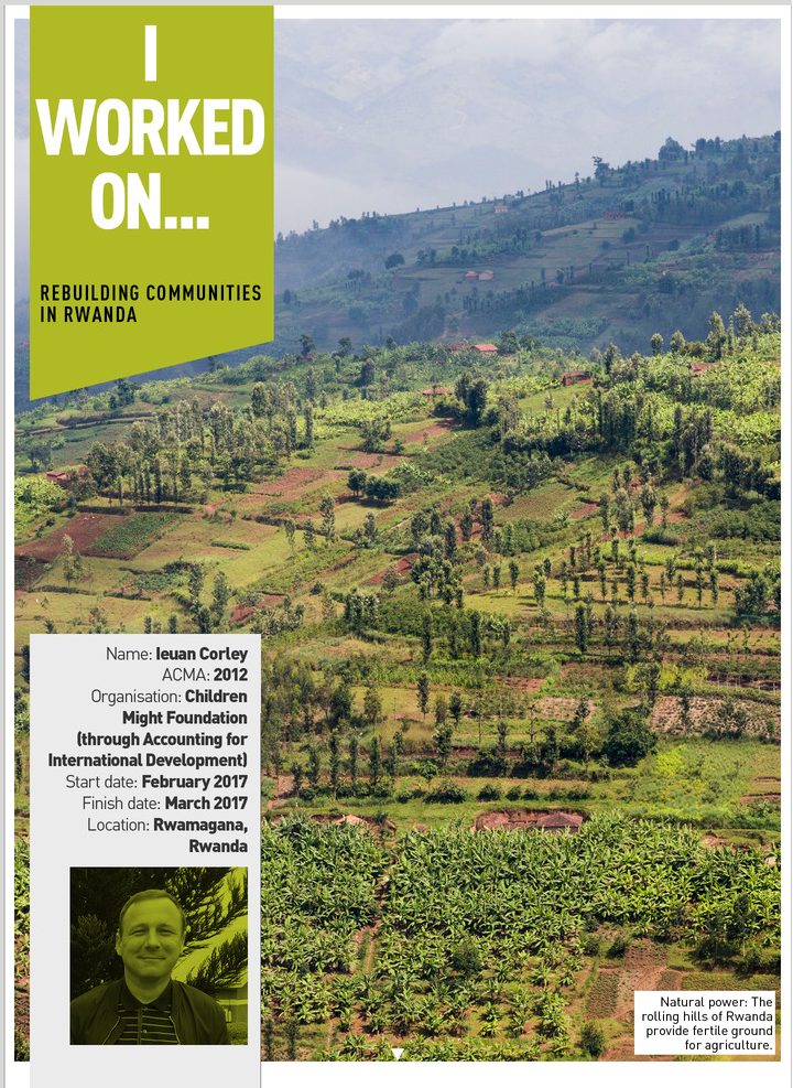 cover image from CIMA's fm magazine showing AFiD volunteer and backdrop of Rwandan hillside